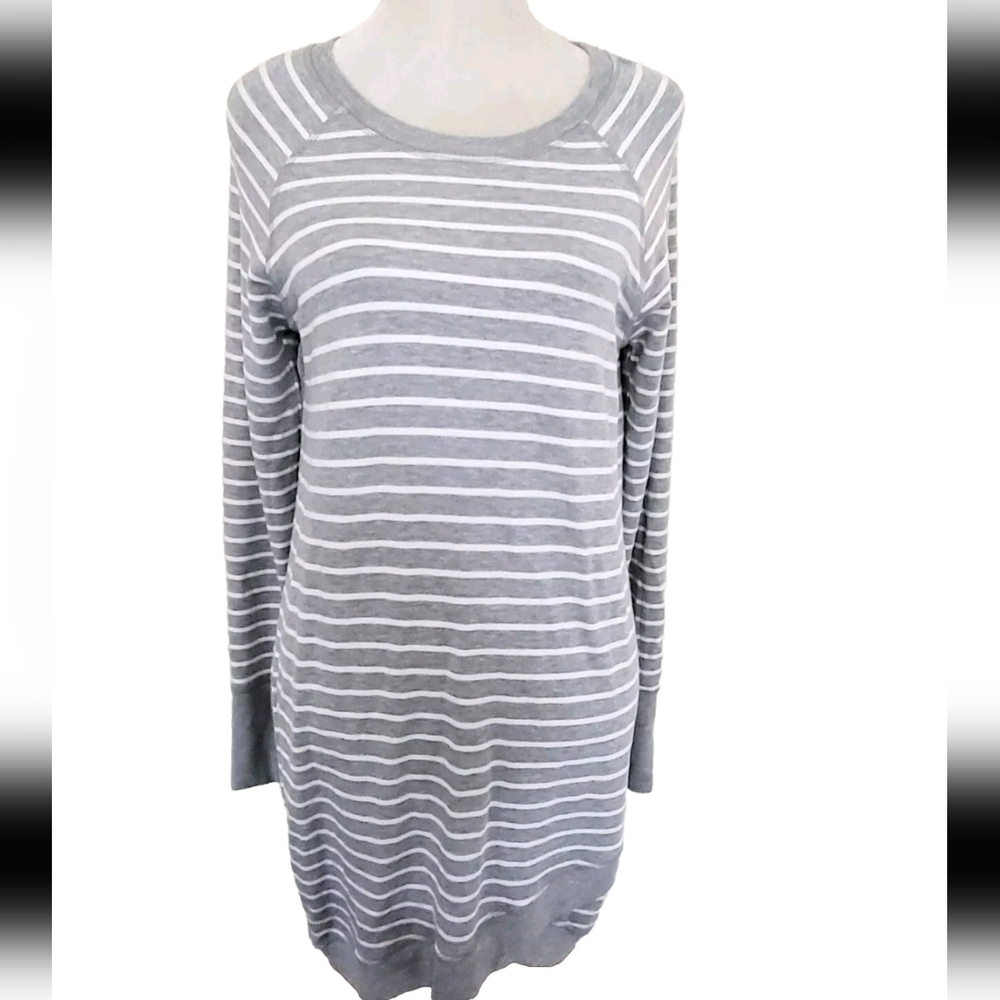 Workshop Republic Clothing Gray White Striped Long Sleeve Crew Neck Dress Medium